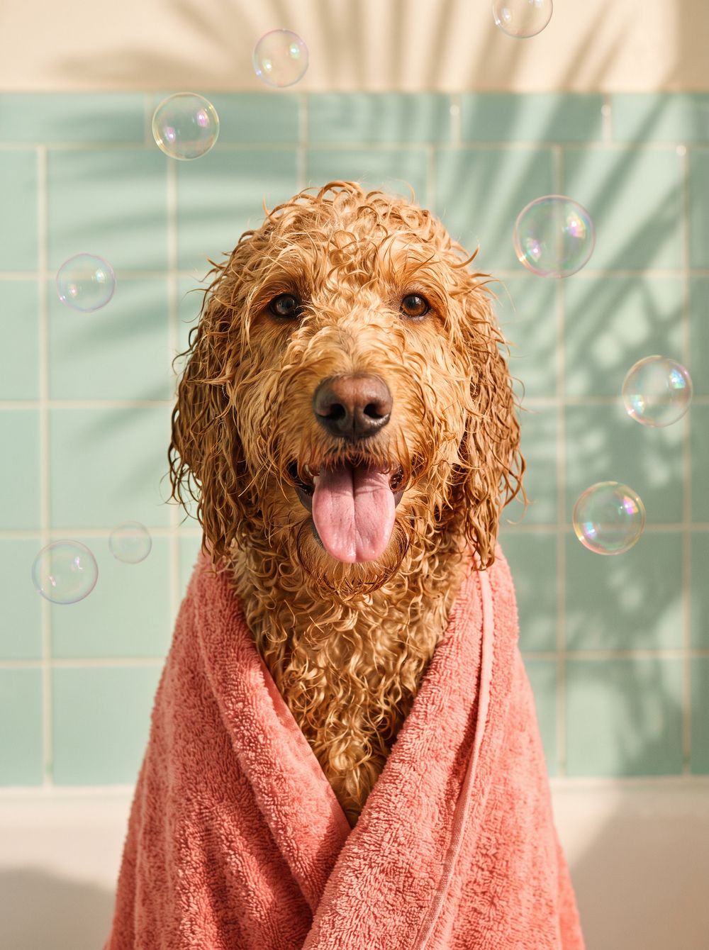 A damp, happy goldendoodle wrapped in a coral towel after a bath, with soap bubbles floating past