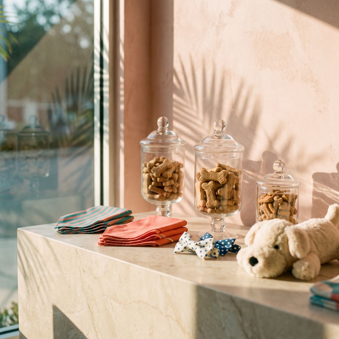 Boutique counter with jars of bone-shaped biscuits, folded bandanas, a polka-dot bow tie and a plush toy